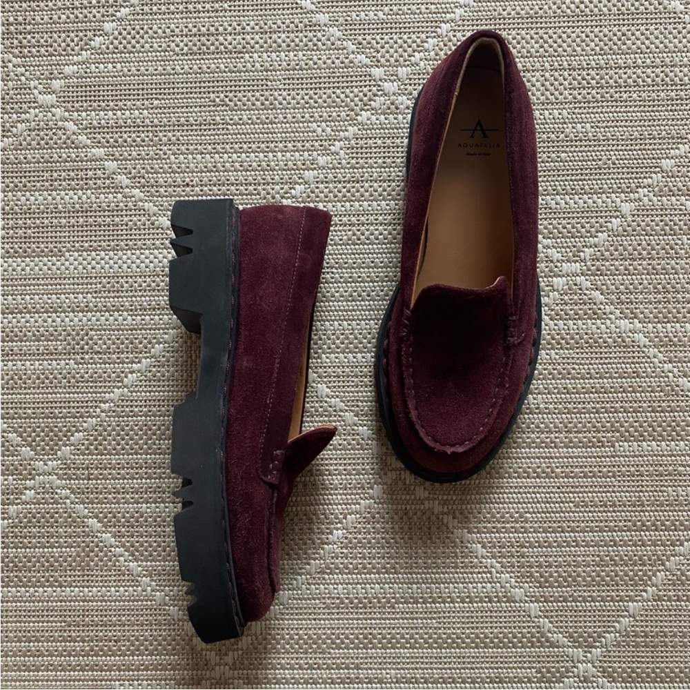 Aquatalia Hayley Maroon Suede Platform Loafers, Lug Sole, Size 8, Gently Used